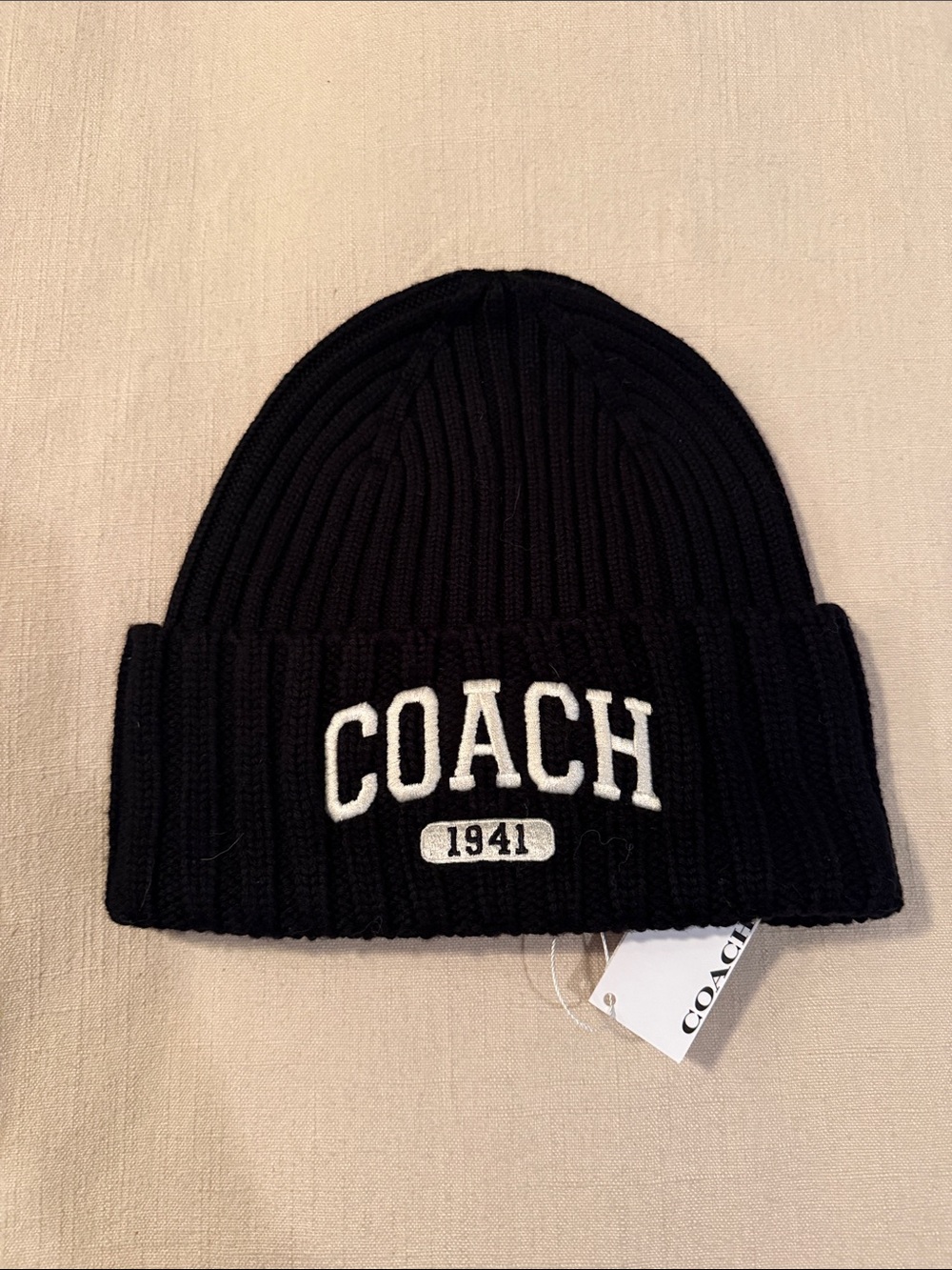 NWT Coach Black Ribbed Beanie with White Logo